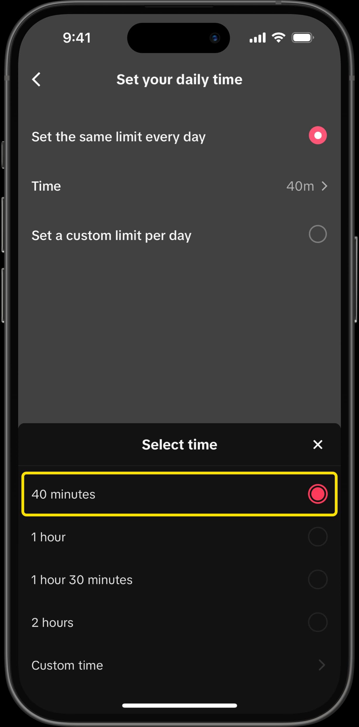 Set your daily time screen with 40 minutes selected as the time limit.