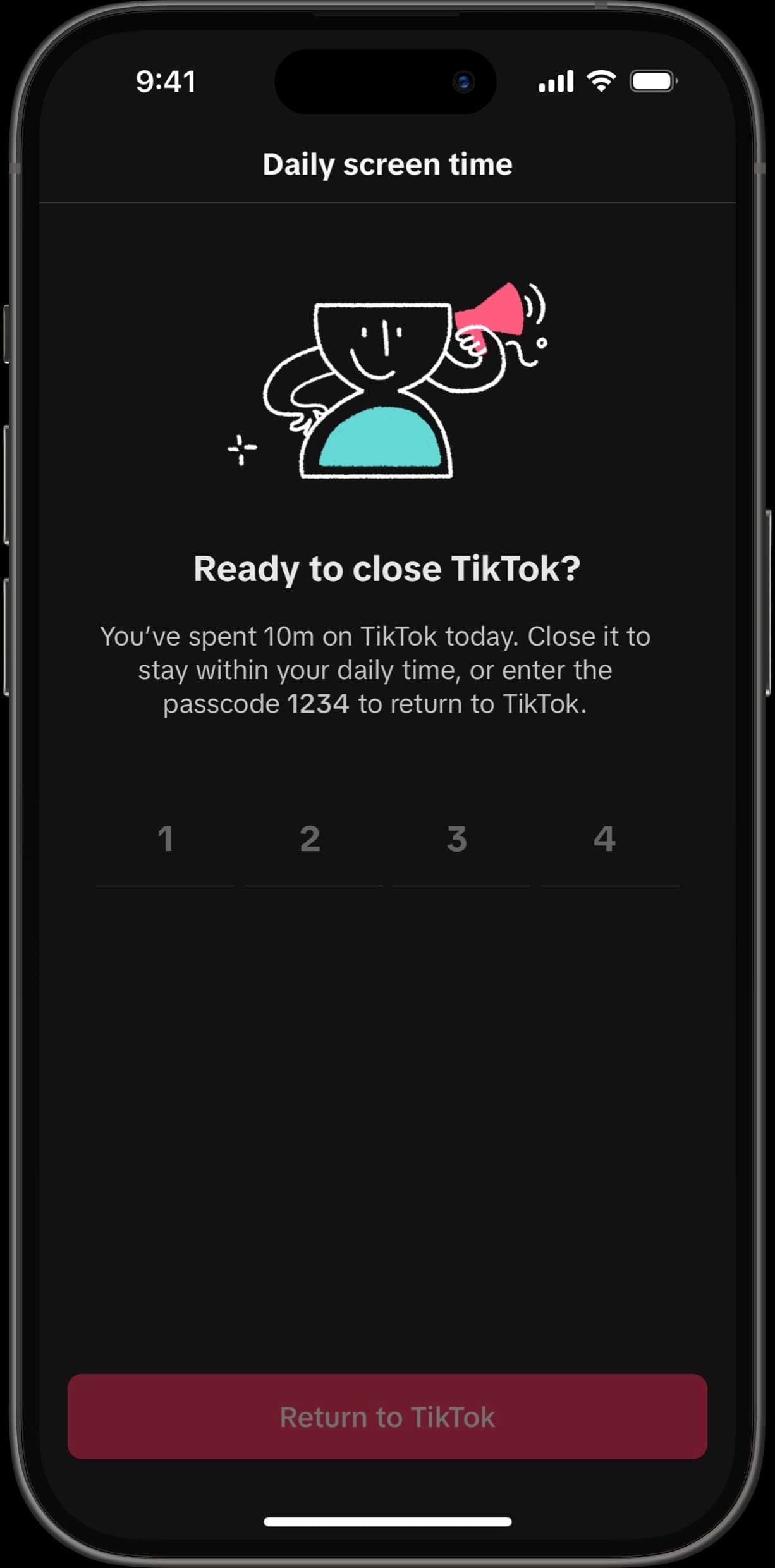 Daily screen time notification asking if ready to close TikTok, showing time spent and passcode entry option.