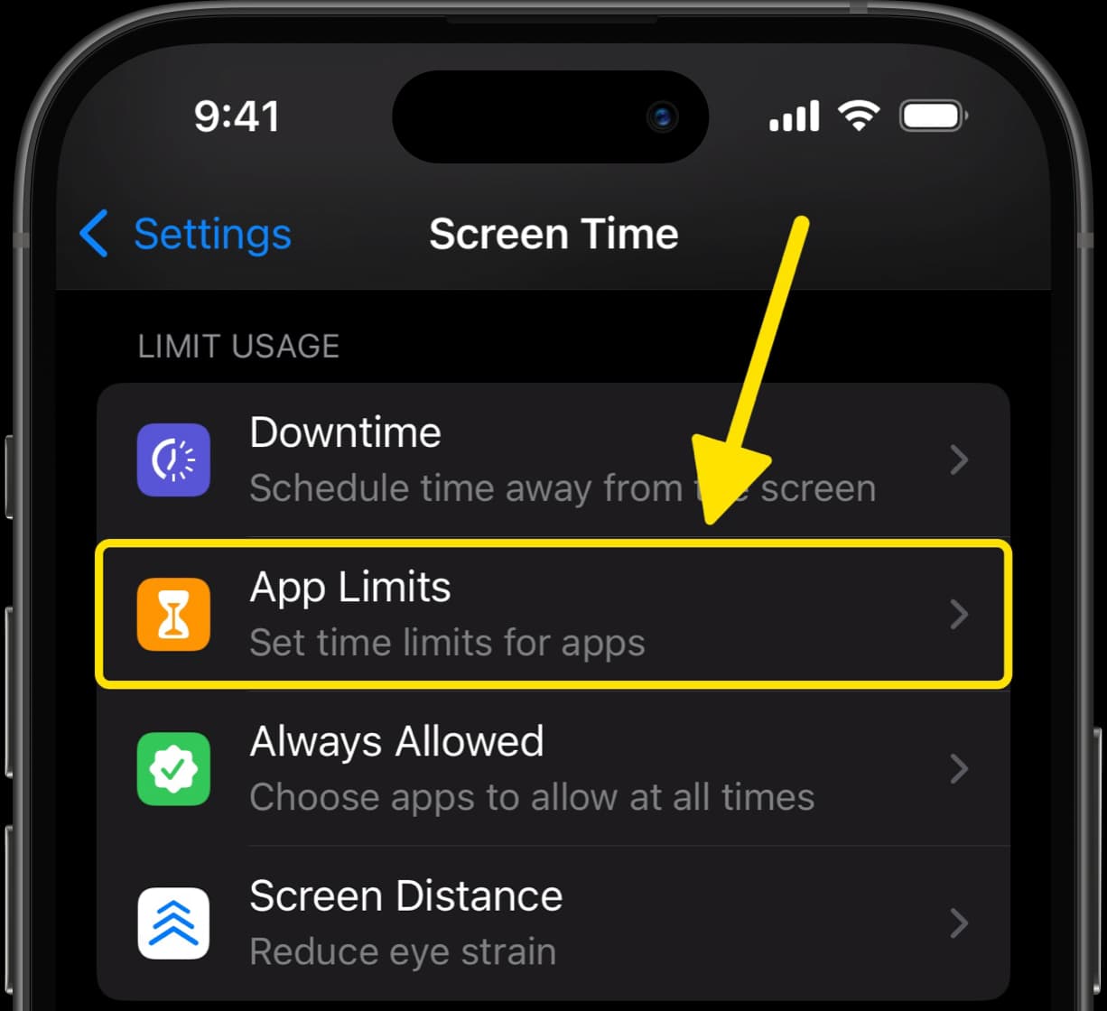 Screen Time settings with an arrow pointing to App Limits option.