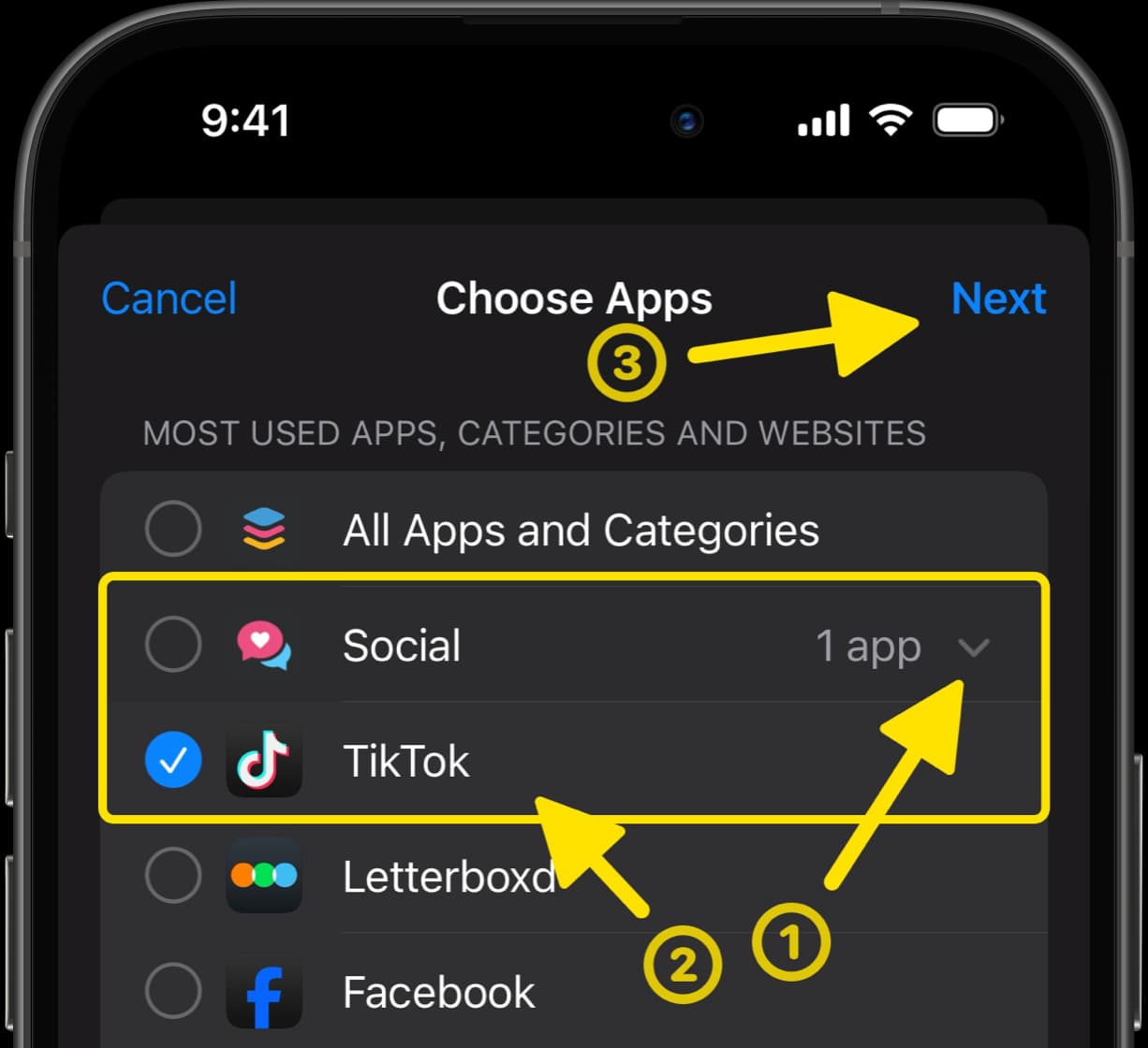 Choose Apps screen, highlighting TikTok under Social category with steps to select and proceed.