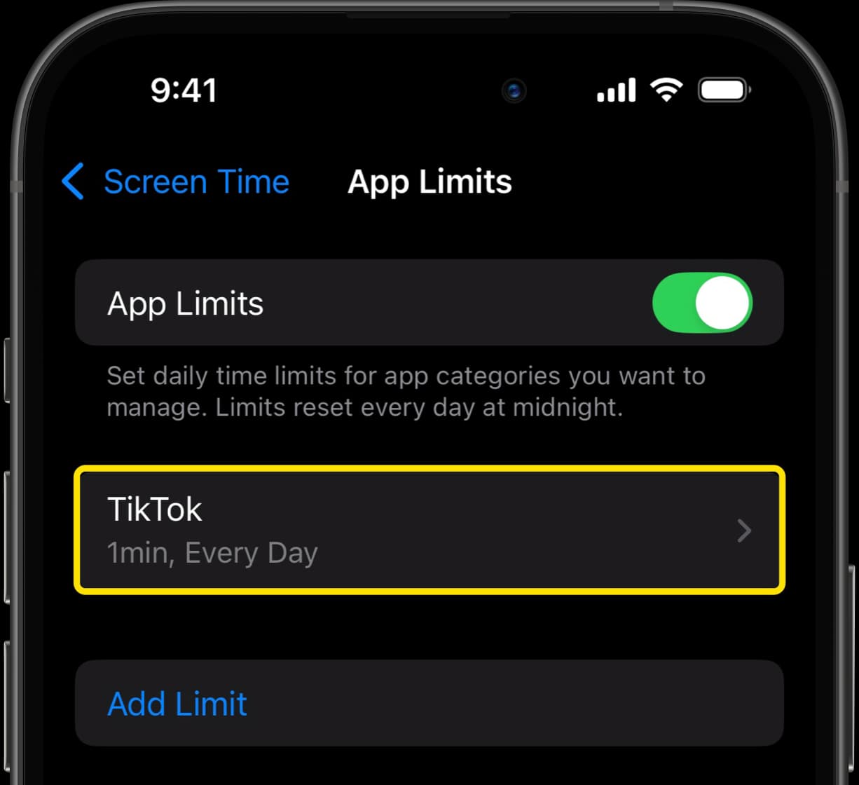 App Limits screen showing TikTok set for 1 minute every day.