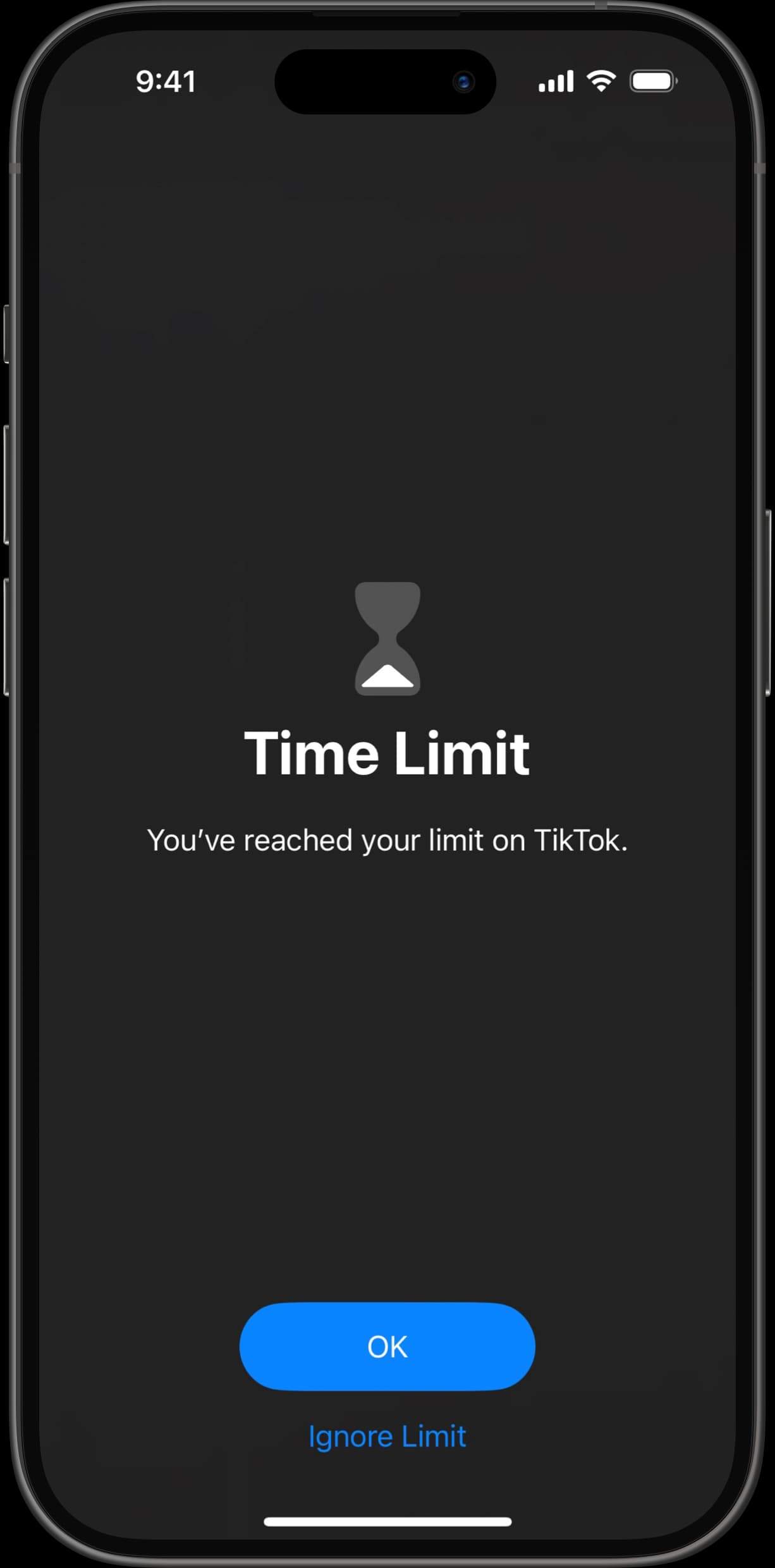 Time Limit notification on iPhone indicating TikTok usage limit reached.