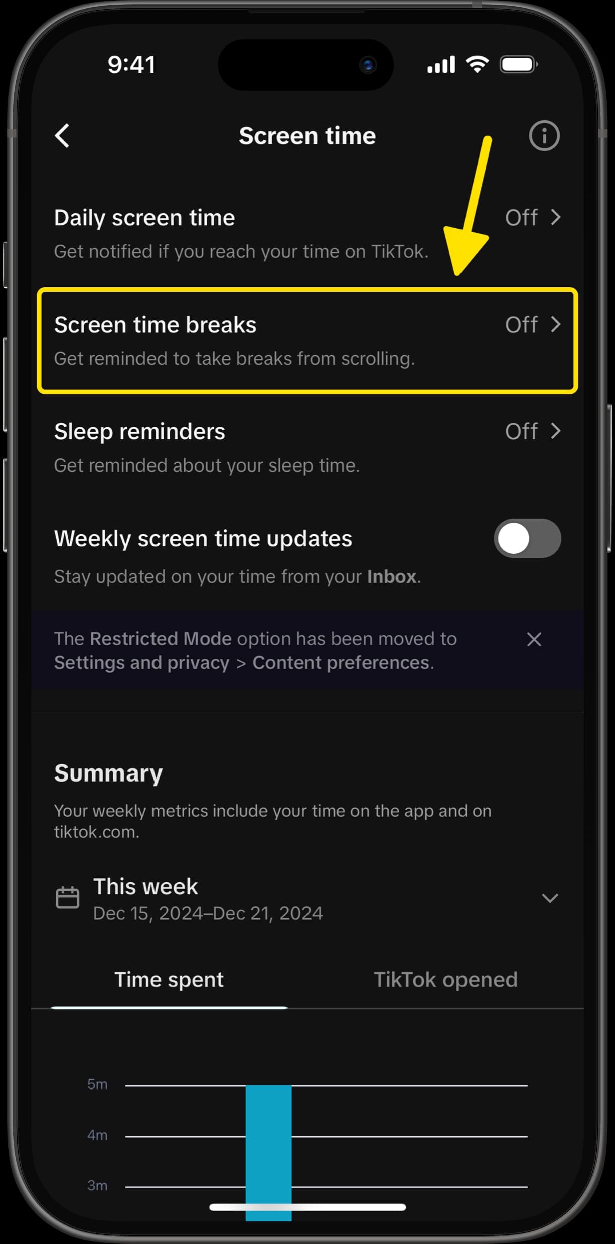 TikTok Screen Time settings with arrow pointing to Screen time breaks option.