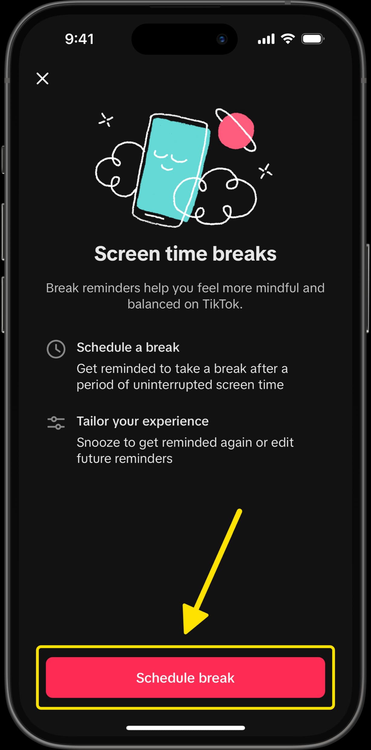 Screen time breaks setup page with arrow pointing to Schedule break button.