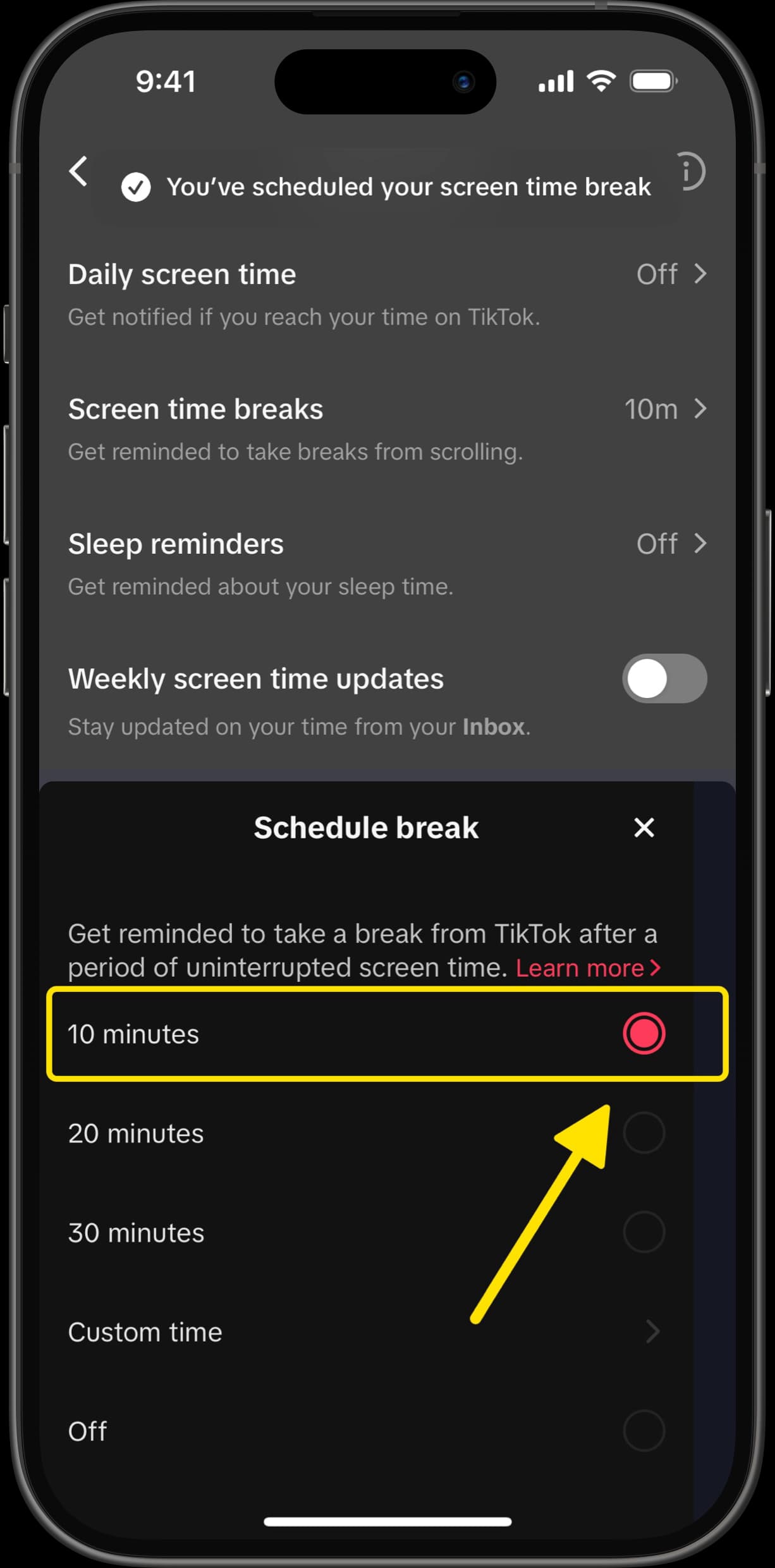 Schedule break screen with 10 minutes selected for screen time breaks.