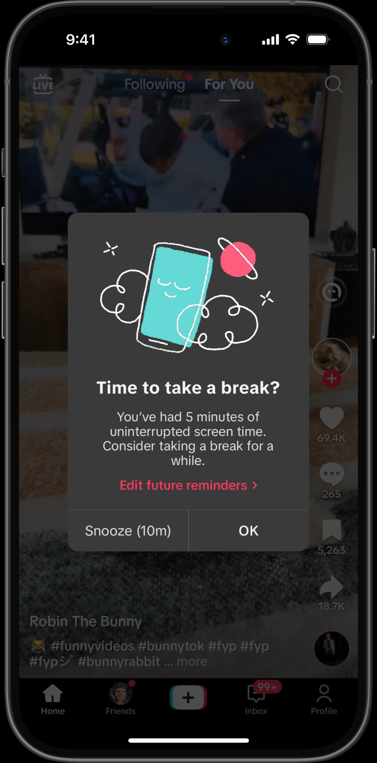 TikTok app showing a pop-up notification suggesting a break after 5 minutes of uninterrupted screen time, with options to snooze or accept