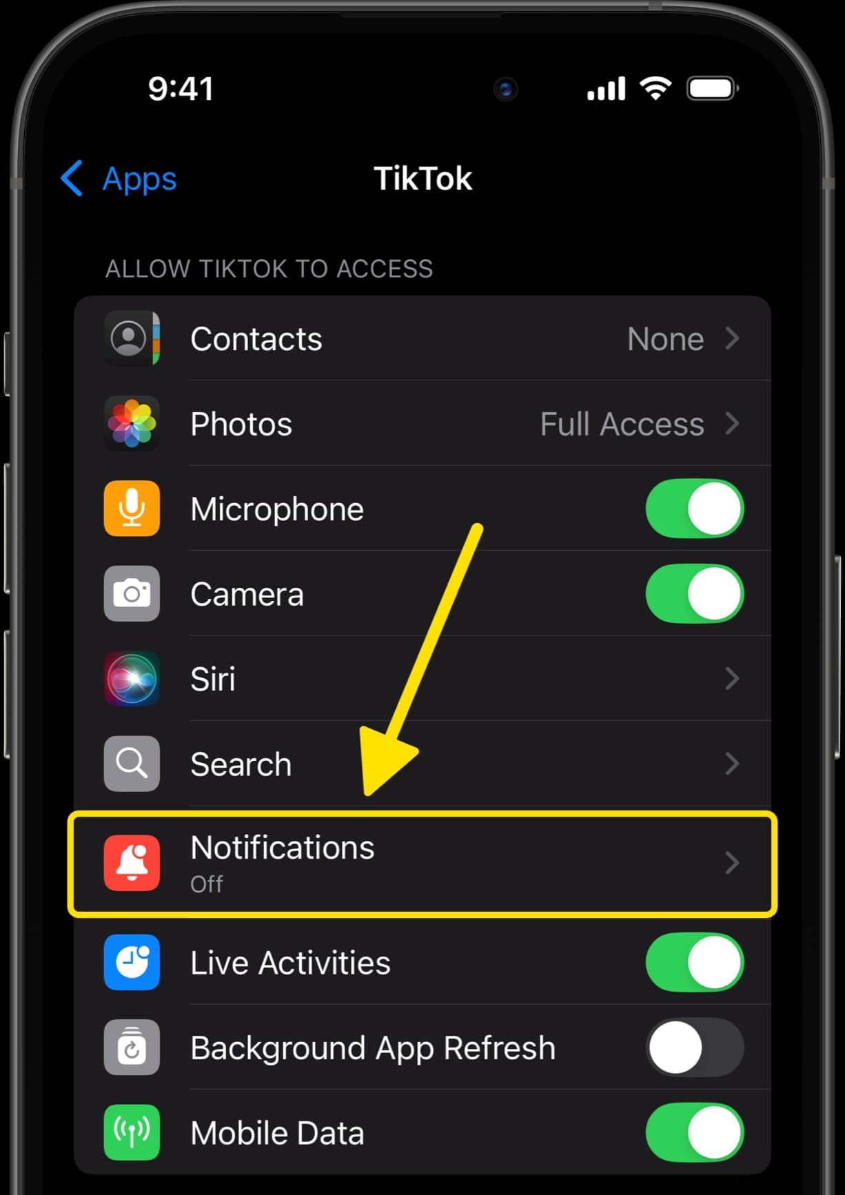 TikTok settings with arrow pointing to Notifications option, showing notifications turned off.