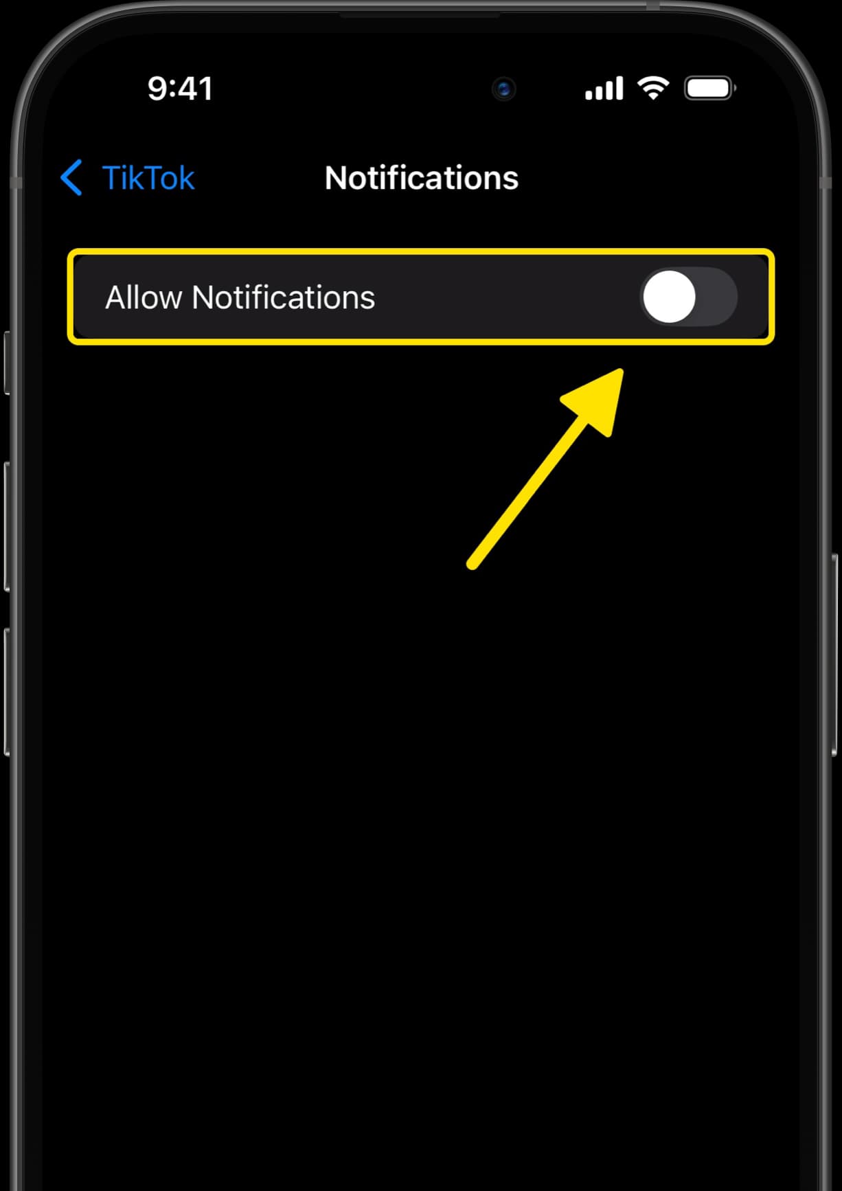 TikTok Notifications settings with arrow pointing to Allow Notifications toggle switched off.