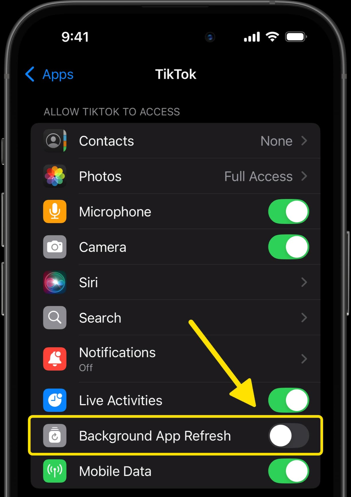 TikTok settings with arrow pointing to Background App Refresh option, showing it turned off..
