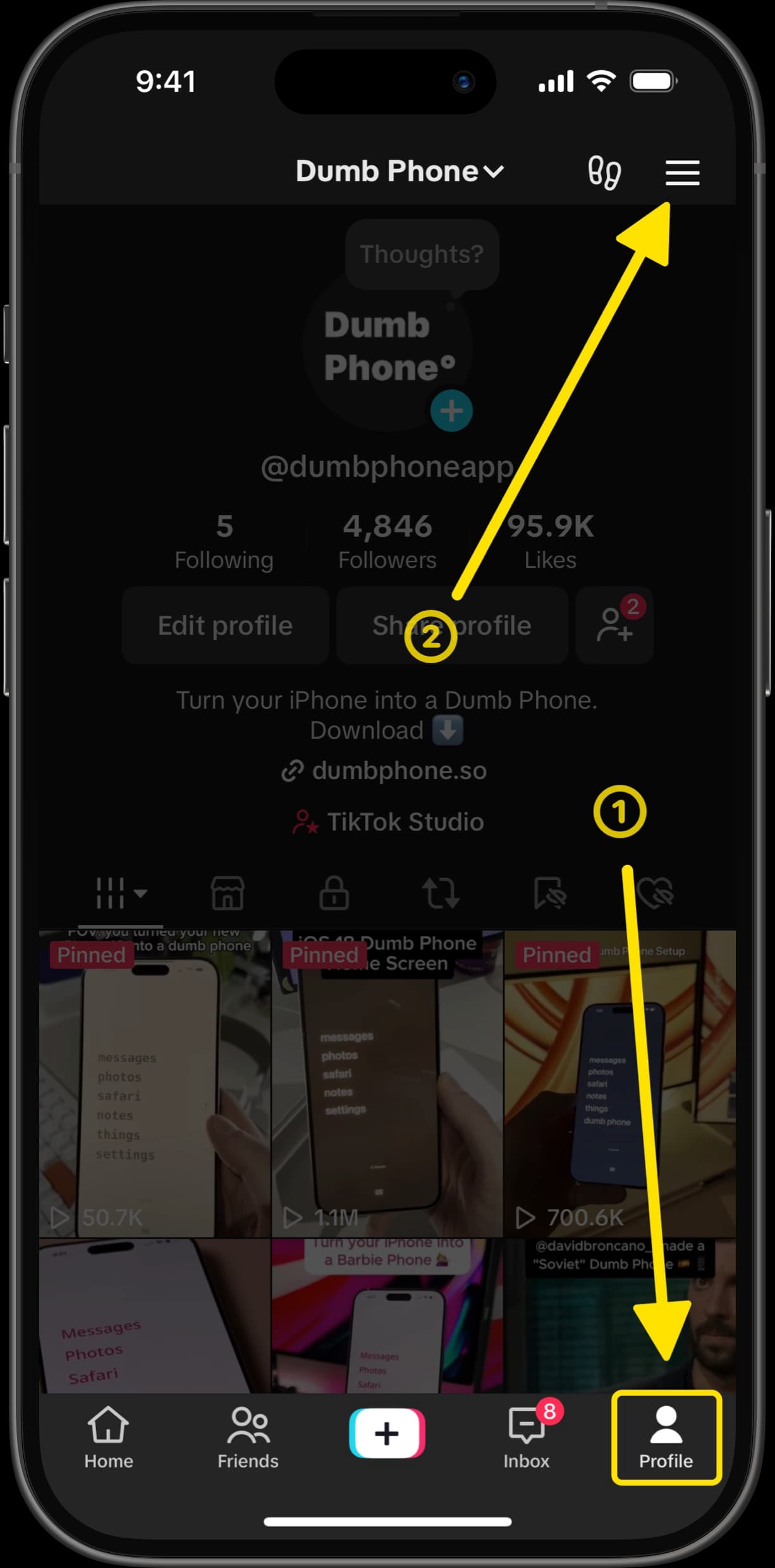 TikTok app showing profile page, with arrows pointing to Profile icon and menu button.