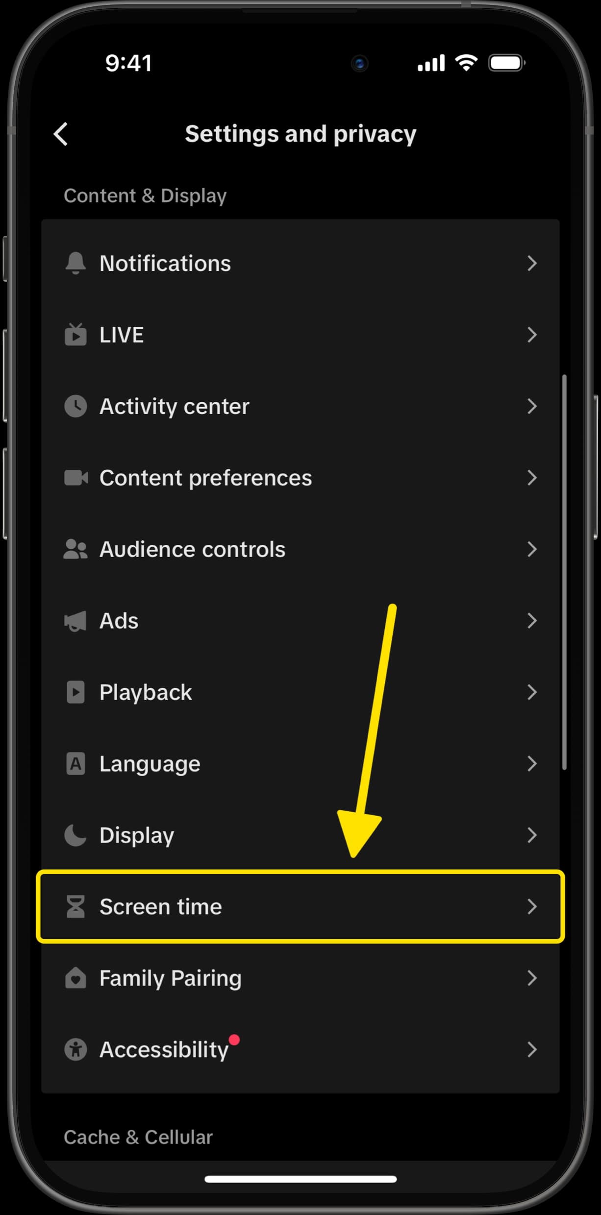 TikTok Settings and Privacy menu with arrow pointing to Screen Time option.