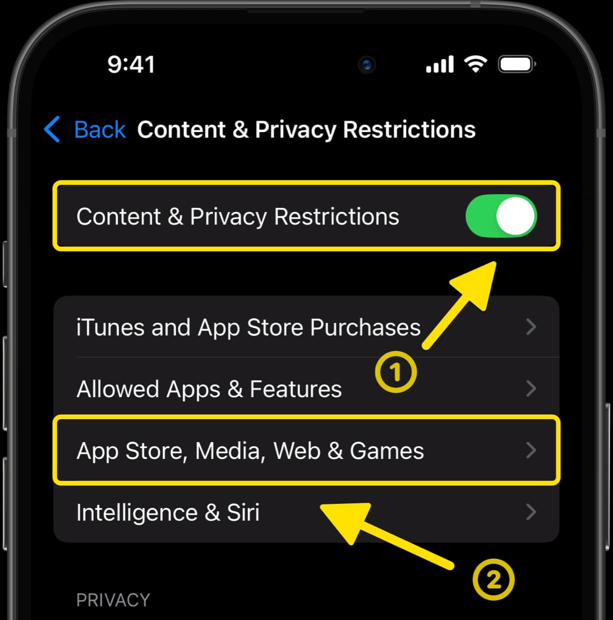 Content & Privacy Restrictions menu with toggle enabled and arrow pointing to App Store, Media, Web & Games.