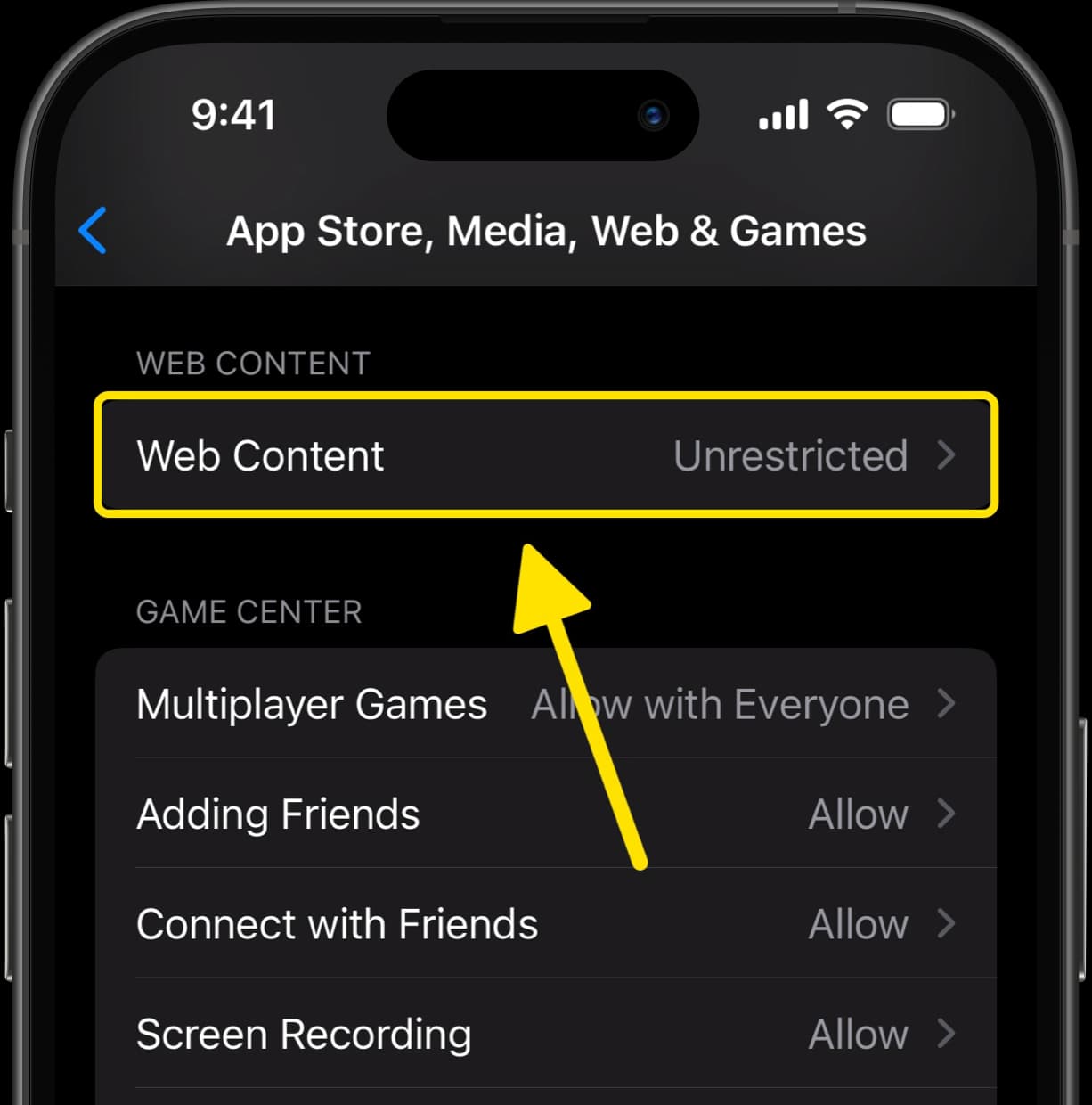 App Store, Media, Web & Games settings with arrow pointing to Web Content option.