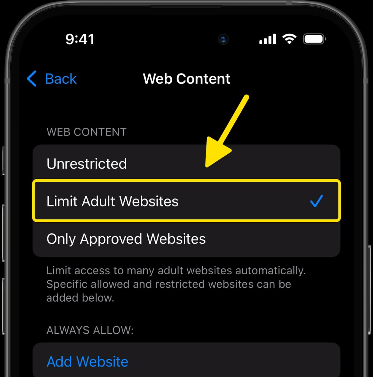 Web Content settings with Limit Adult Websites option selected.