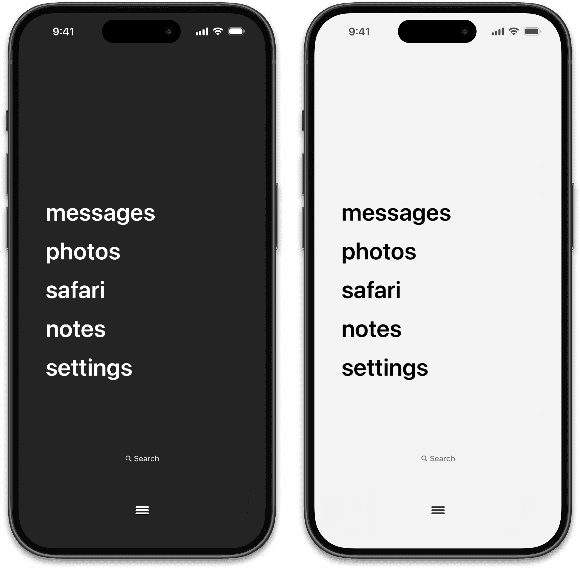 Dumb Phone app interface on iPhone in light and dark mode