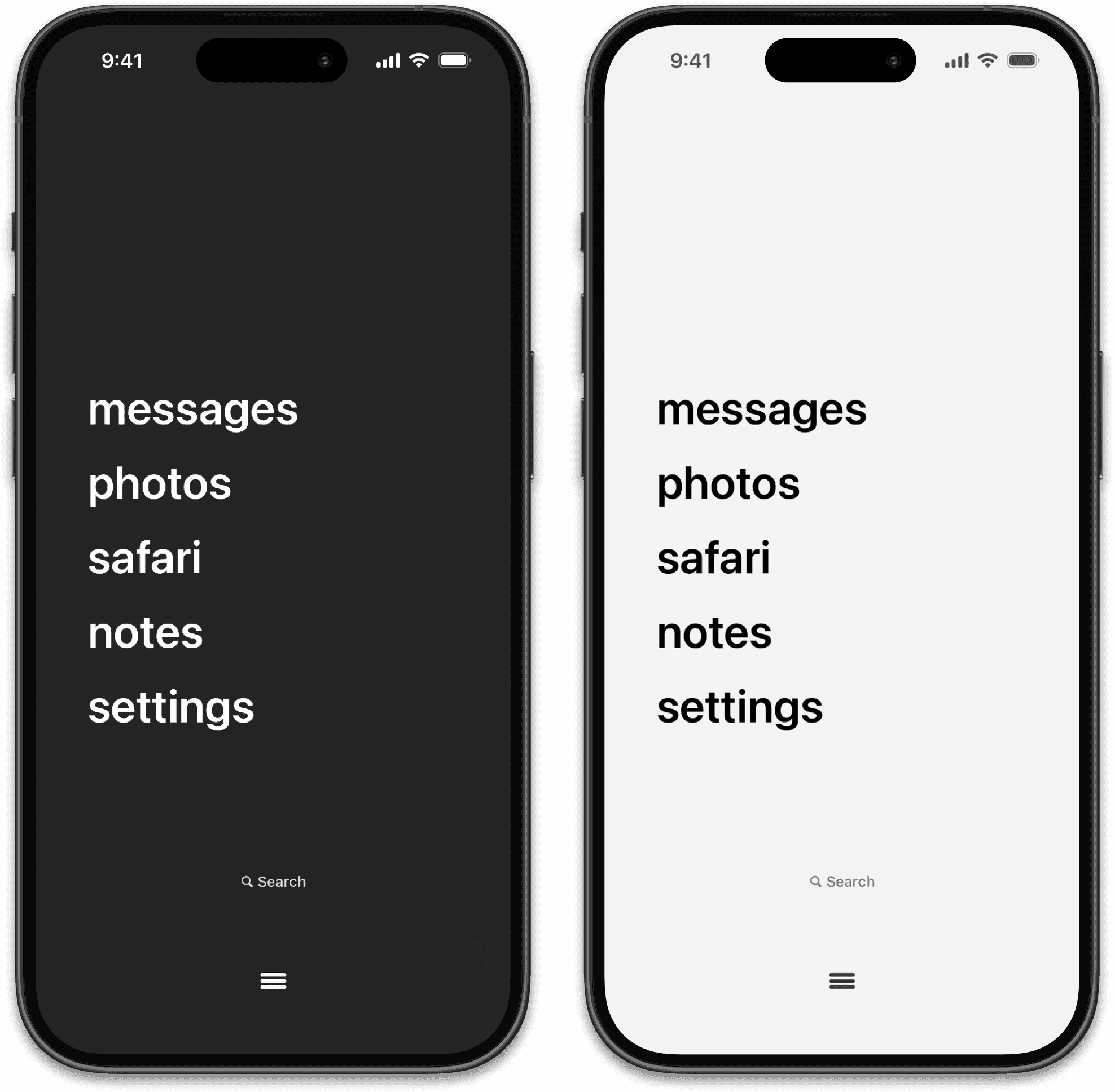 Dumb Phone app interface on iPhone in light and dark mode